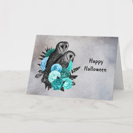 Tarjeta Gótico floral de búhos en Halloween azul verdoso
