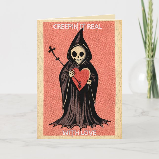 Tarjeta Gótico Reaper Espeluznante San Valentín con Corazó (Anverso)