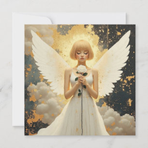 Tarjeta Gracia Celestial   Ángel Bonito y Rosa en Blanco