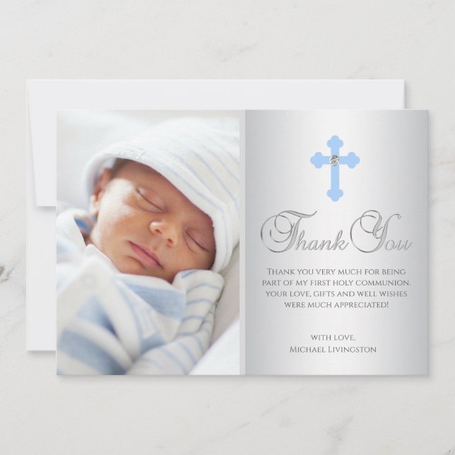 Tarjeta GRACIAS A Christening Communion Cross Blue BOY (Anverso)