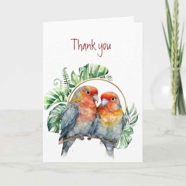Tarjeta Gracias a Colorful Parrots Love Birds (Anverso)