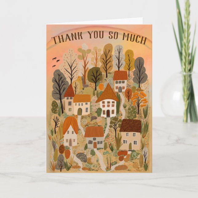 Tarjeta GRACIAS AL Ilustracion Autumn Cute Country Village (Anverso)