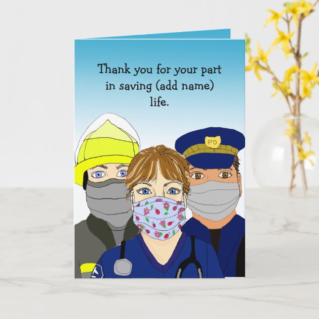 Tarjeta Gracias al paramédico, bombero y oficial de policí (flor amarilla)