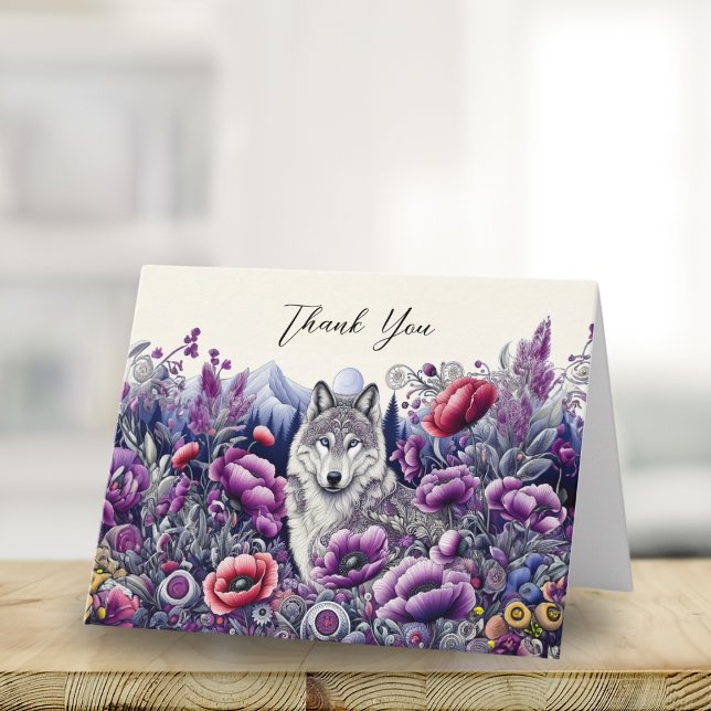 Tarjeta Gracias Arte Popular Lobo Con Amapolas (Express gratitude with whimsical folk art, perfect for nature enthusiasts.
)