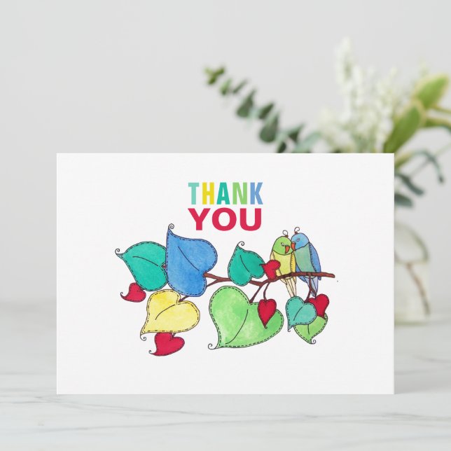 Tarjeta Gracias Audaz Lovebirds Colorful Ilustracion Car (Anverso de pie)