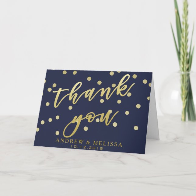 Tarjeta Gracias Blue and Gold Script & Confetti Postcard (Anverso)