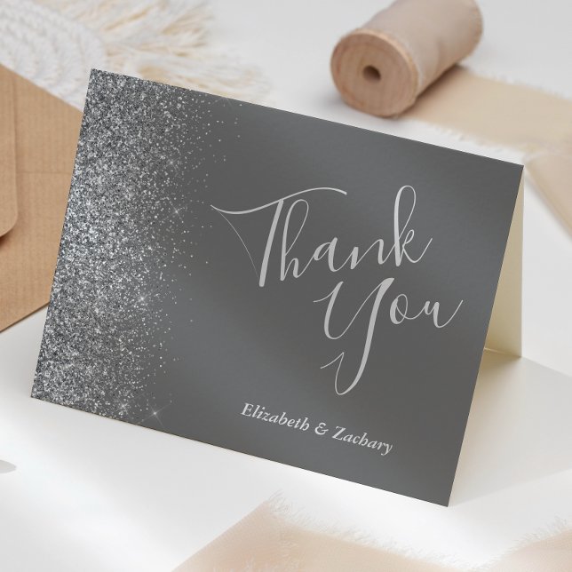 Tarjeta Gracias Boda gris del borde del Purpurina plateado (Subido por el creador)