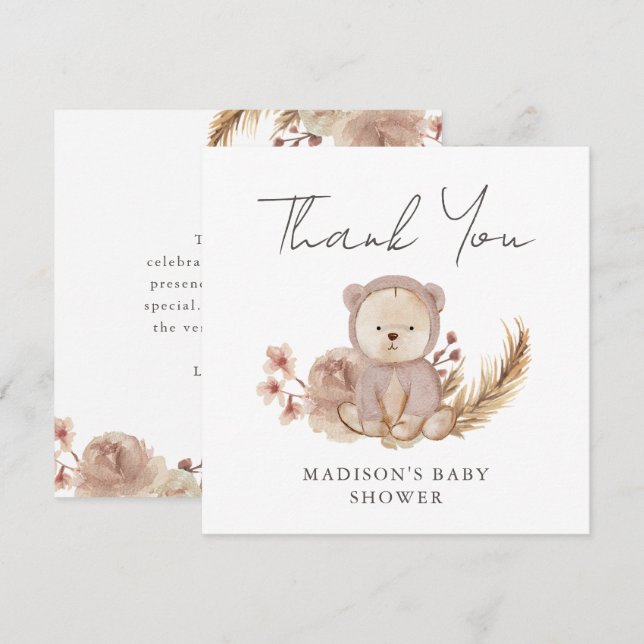 Tarjeta Gracias Boho Botanical Sweet Bear Baby Shower (Anverso / Reverso)