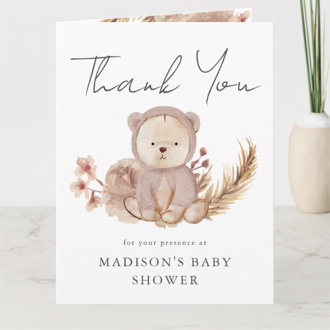 Tarjeta Gracias Boho Botanical Sweet Bear Baby Shower (Anverso)