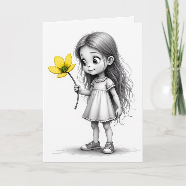 Tarjeta Gracias Chibi Child Con Flor Amarilla (Anverso)