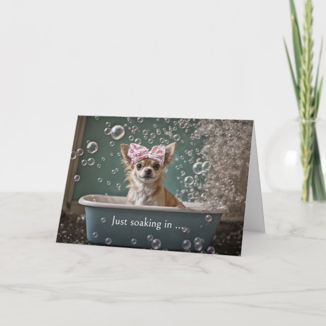 Tarjeta Gracias, chihuahua porcina en un baño de burbujas (Anverso)