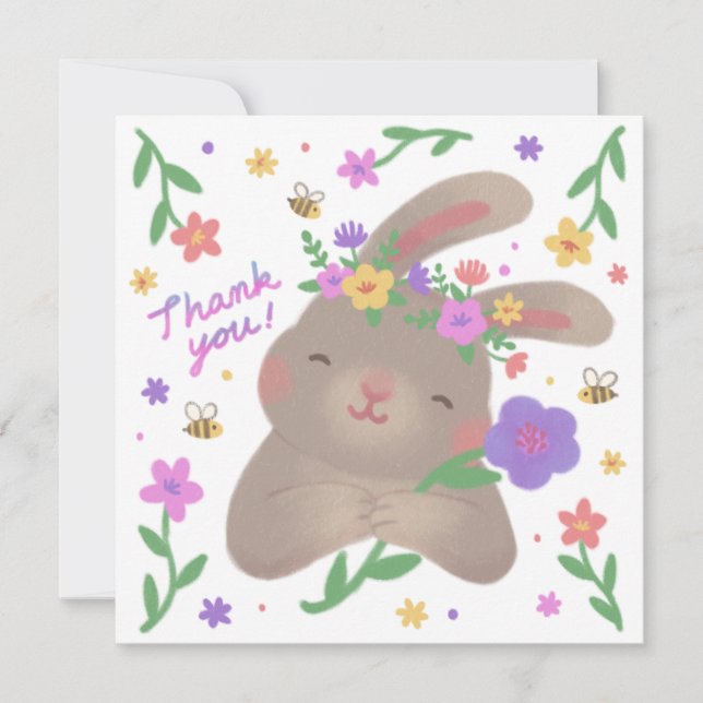 Tarjeta Gracias: Conejo con flores (Anverso)