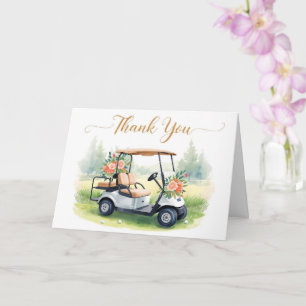 Tarjeta Gracias de golf con carrito de golf y flores