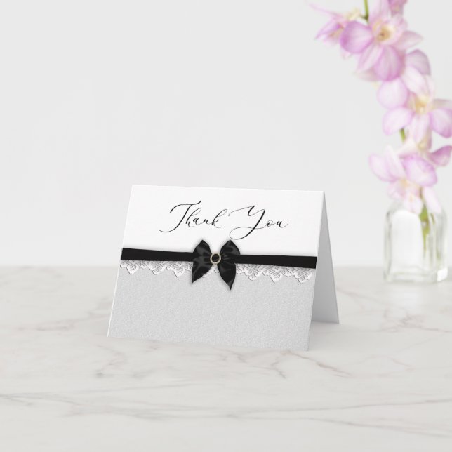 Tarjeta Gracias, Faux Black Bow/Ribbon, Jewel Pin (Orquídea)