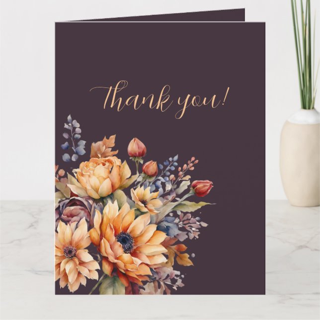 Tarjeta Gracias- Flores de otoño acuáticas-moradas- (Anverso)