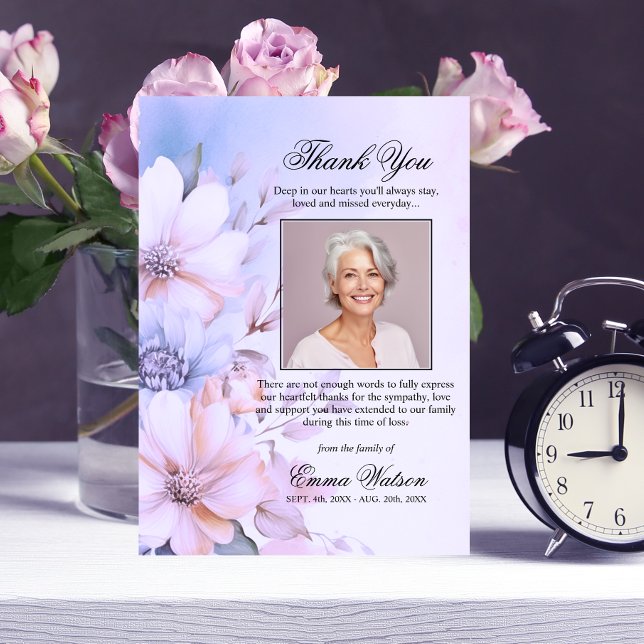 Tarjeta Gracias Funeral Purple Lavender Floral | FOTO (Elegant Thank You Funeral Purple Lavender Floral PHOTO Card)