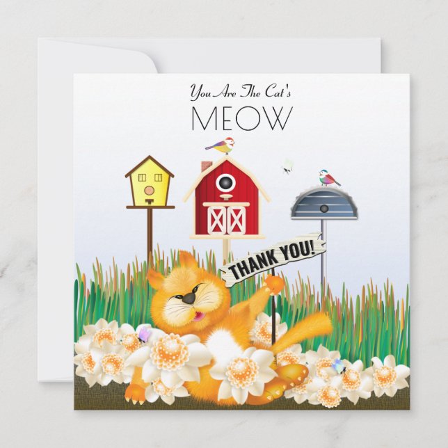 Tarjeta Gracias Gato y Aves en el Jardín (Anverso)
