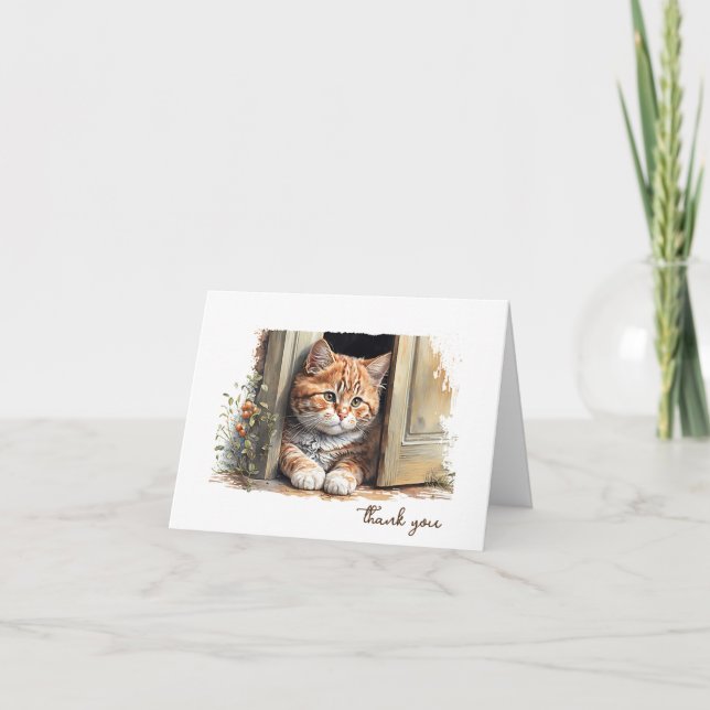 Tarjeta Gracias Ginger Cat de acuarela (Anverso)