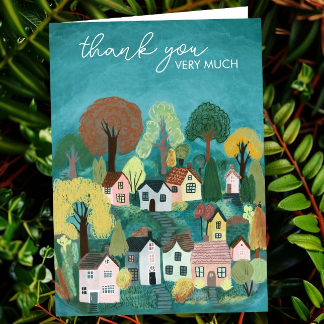 Tarjeta GRACIAS Ilustracion Cute Country Village (THANK YOU Cute Country Village Illustration painting Custom blank Card
)