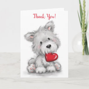 Tarjeta Gracias, lindo perro con corazón rojo