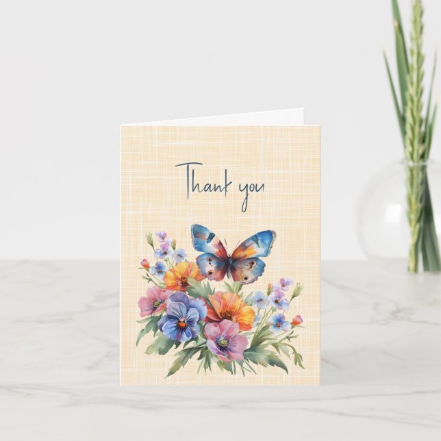 Tarjeta Gracias Mariposa Azul y Flores (Anverso)