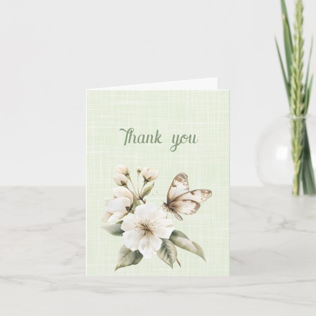 Tarjeta Gracias mariposa blanca en las flores blancas (Anverso)