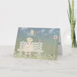 Tarjeta Gracias niña pequeña en el banco del parque con pá