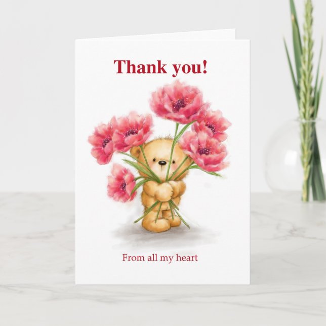 Tarjeta Gracias, oso lindo sosteniendo flores rojas (Anverso)