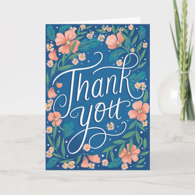 Tarjeta Gracias Por La Flora Azul De Peach Con Las Manos (Anverso)