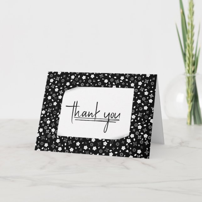 Tarjeta Gracias por la impresión floral en blanco y negro (Anverso)