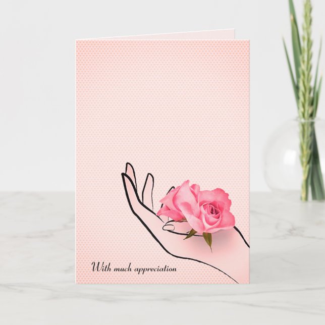 Tarjeta gracias rosa en la mano (Anverso)
