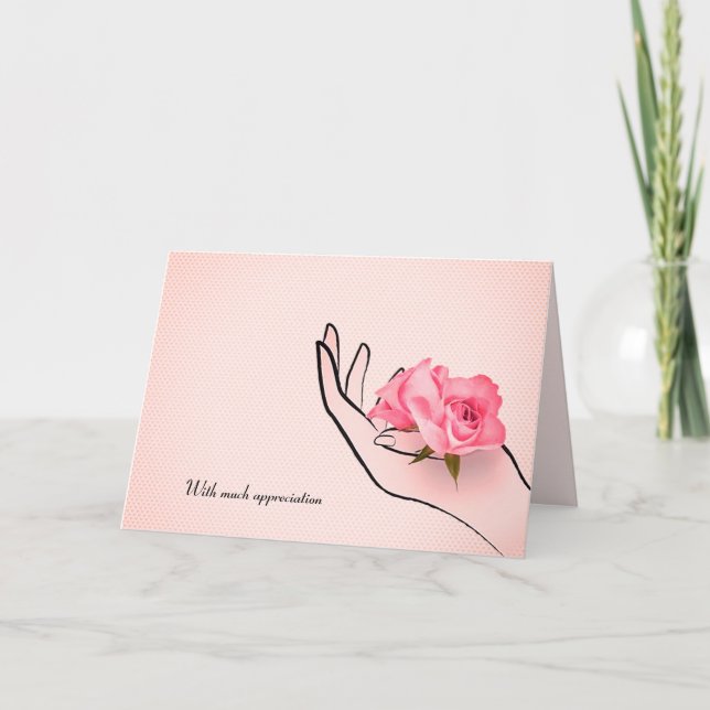 Tarjeta gracias rosa rosa en la mano (Anverso)