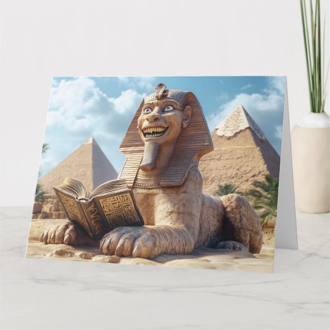 Tarjeta Graciosa estatua de Esfinge leyendo libro antiguo  (Anverso)