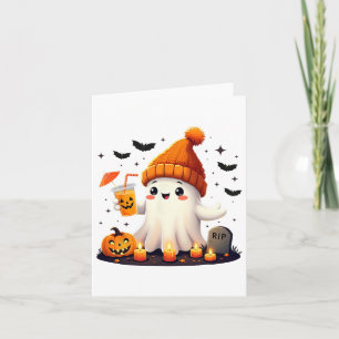 Tarjeta Graciosa Halloween dulce fantasma que bebe café de