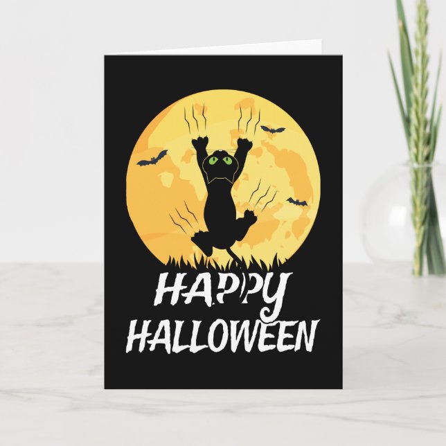 Tarjeta Graciosa luna de gato negro feliz Halloween (Anverso)