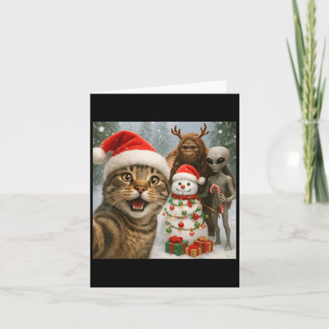 Tarjeta Graciosa Selfie De Gato Navidad Con Alienígenas Y  (Anverso)