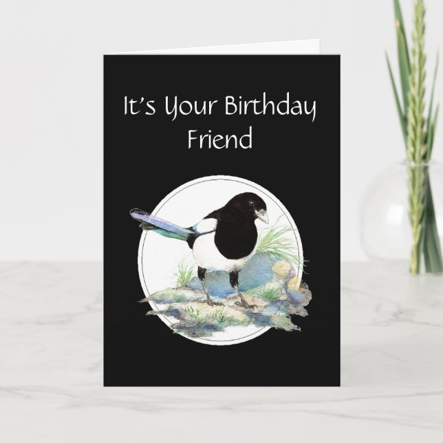 Tarjeta Gracioso, Aniversario Amigo, Ave Acuarela Magpie (Anverso)