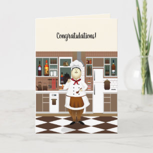 Tarjeta Gracioso chef con gran Gorra en cocina felicitacio
