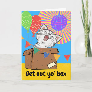 Tarjeta Gracioso cumpleaños gato fuera de tu caja