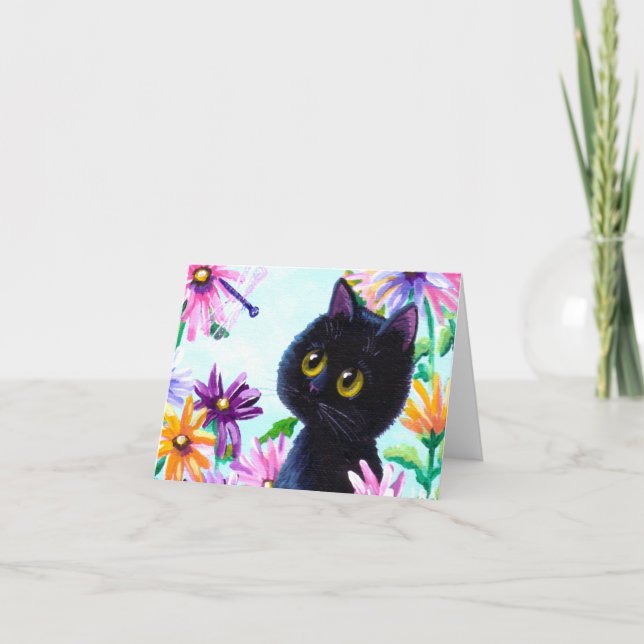 Tarjeta Gracioso Dragonfly gato Daisies Creationarts (Anverso)