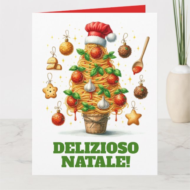 Tarjeta Gracioso Espagueti Árbol de Navidad Delizioso Nata (Anverso)