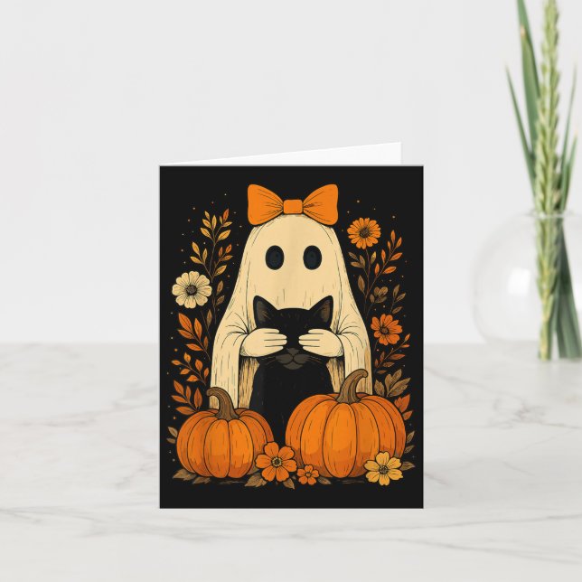 Tarjeta Gracioso fantasma con gato negro cayendo Halloween (Anverso)