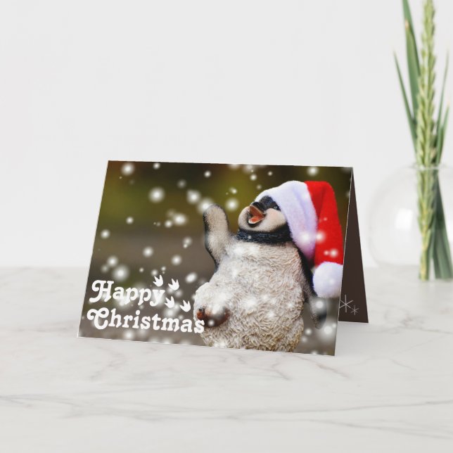 Tarjeta Gracioso Feliz Santa Pingüino y Feliz Navidad Únic (Anverso)