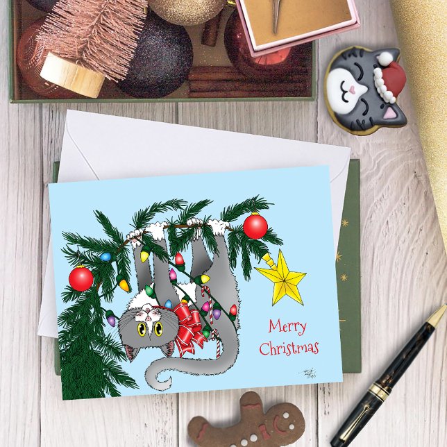 Tarjeta Gracioso gato colgante de árbol de Navidad (Subido por el creador)