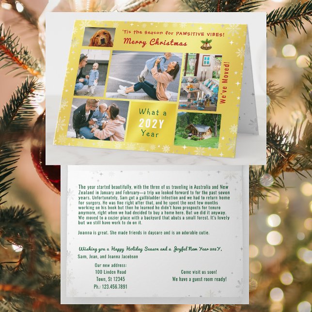Tarjeta Gracioso gato de perro que nos hemos mudado de nue (Modern, elegant, funny Xmas card. Dog photo. We've Moved. 6 Photos. Peace, Love, Joy. Snowflakes)