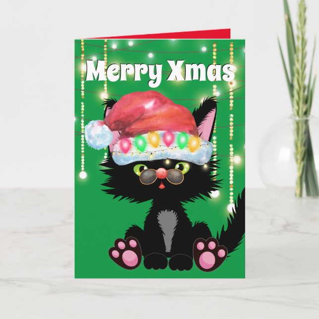 Tarjeta Gracioso gato negro Santa hat con luces de árbol d (Anverso)