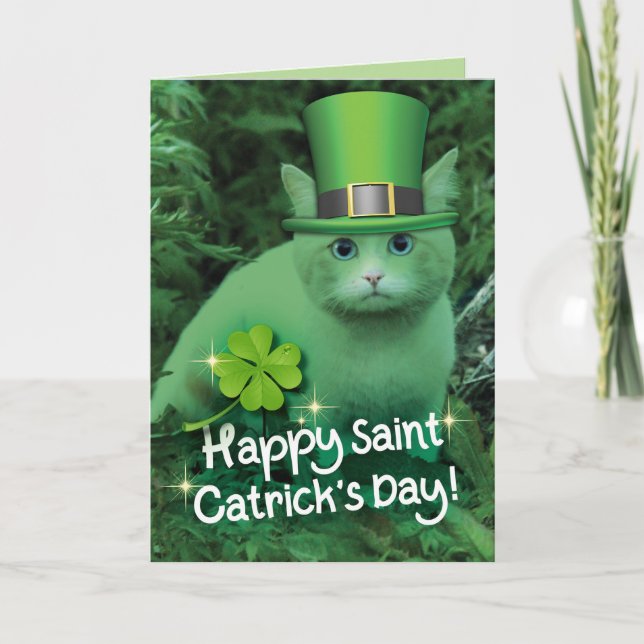 Tarjeta Gracioso gato verde del Día de San Patricio con Go (Anverso)