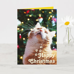 Tarjeta Gracioso gato y árbol verde y Navidades felices ún