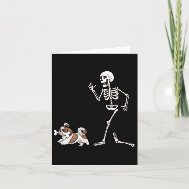 Tarjeta Gracioso Halloween Shih Tzu Y Skeleton (Anverso)
