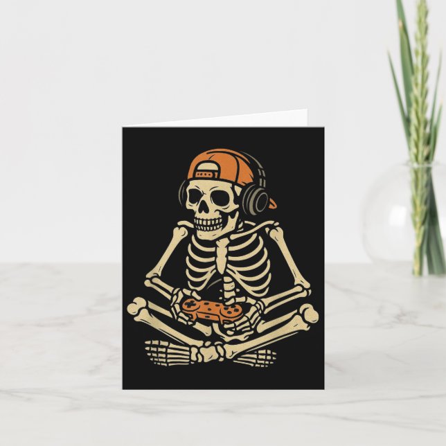 Tarjeta Gracioso Halloween Skeleton Gamer Video Gaming Boy (Anverso)